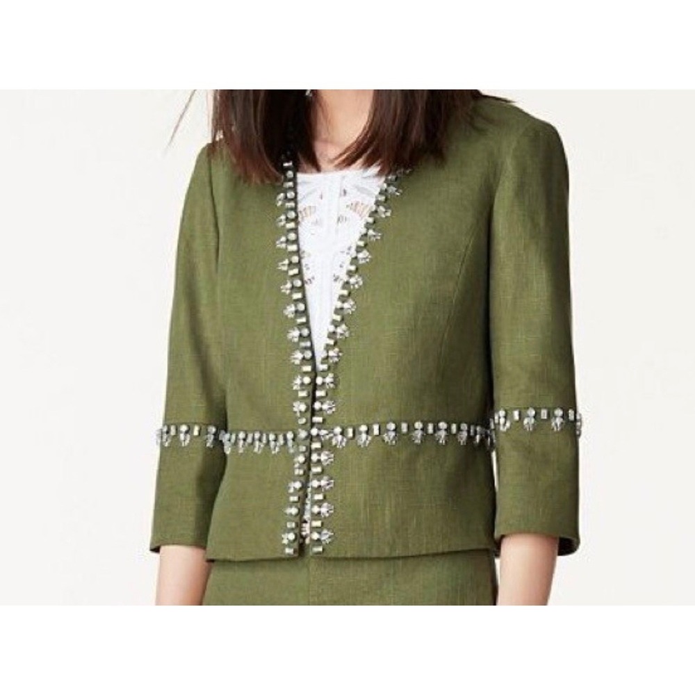 Tory Burch Avery Embellished Linen jacket Sz4‎ crystal beaded Olive green garden